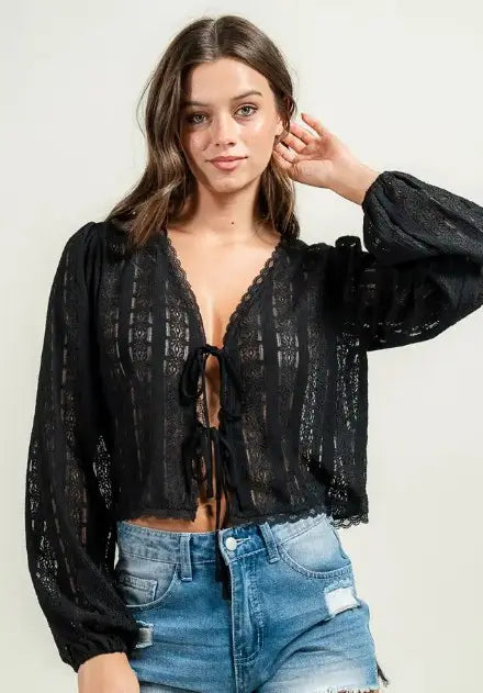 Textured Knit Front-Tie Top-Black