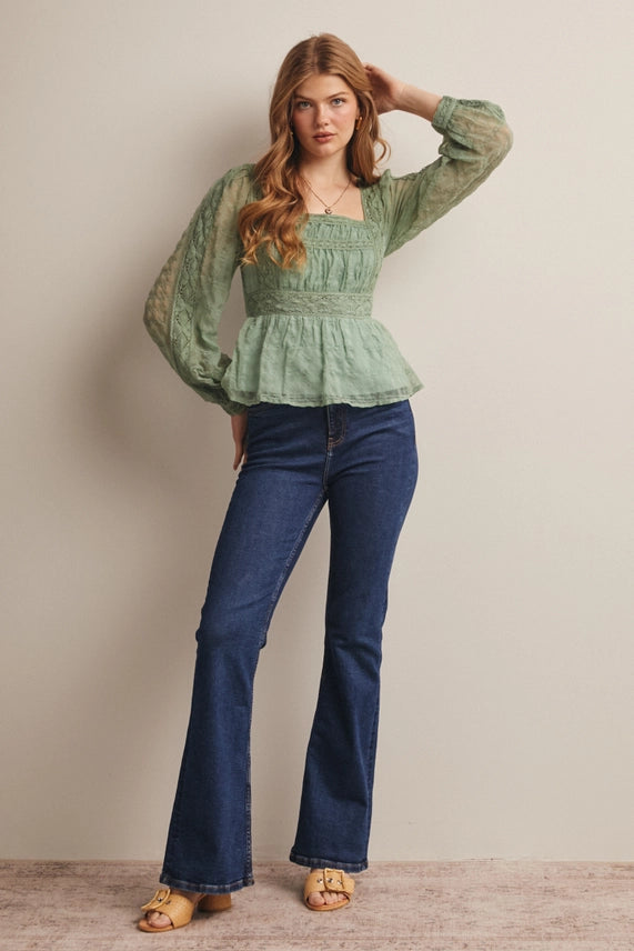 Lace Peplum Long Sleeve Blouse