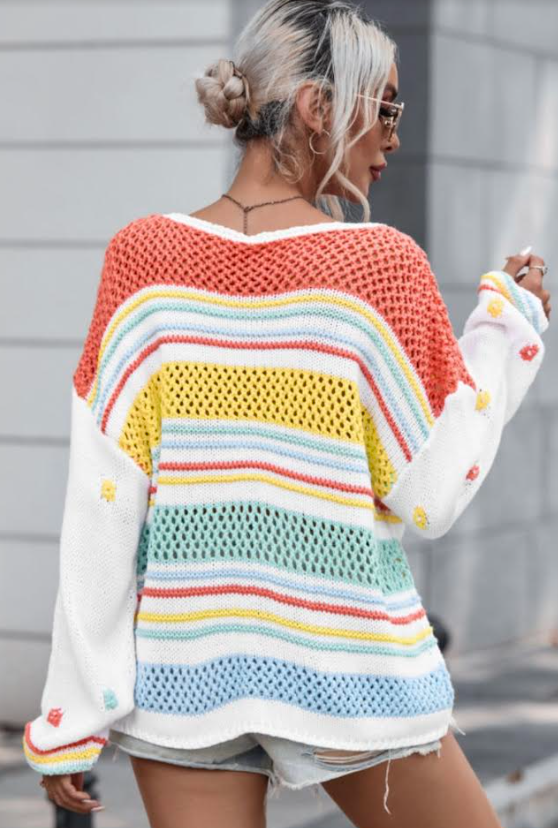 🌈 Hollow Striped Color Block Sweater