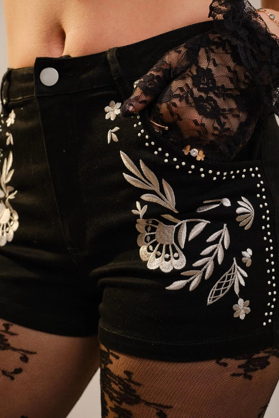 Midnight Studded Fringe Denim Shorts