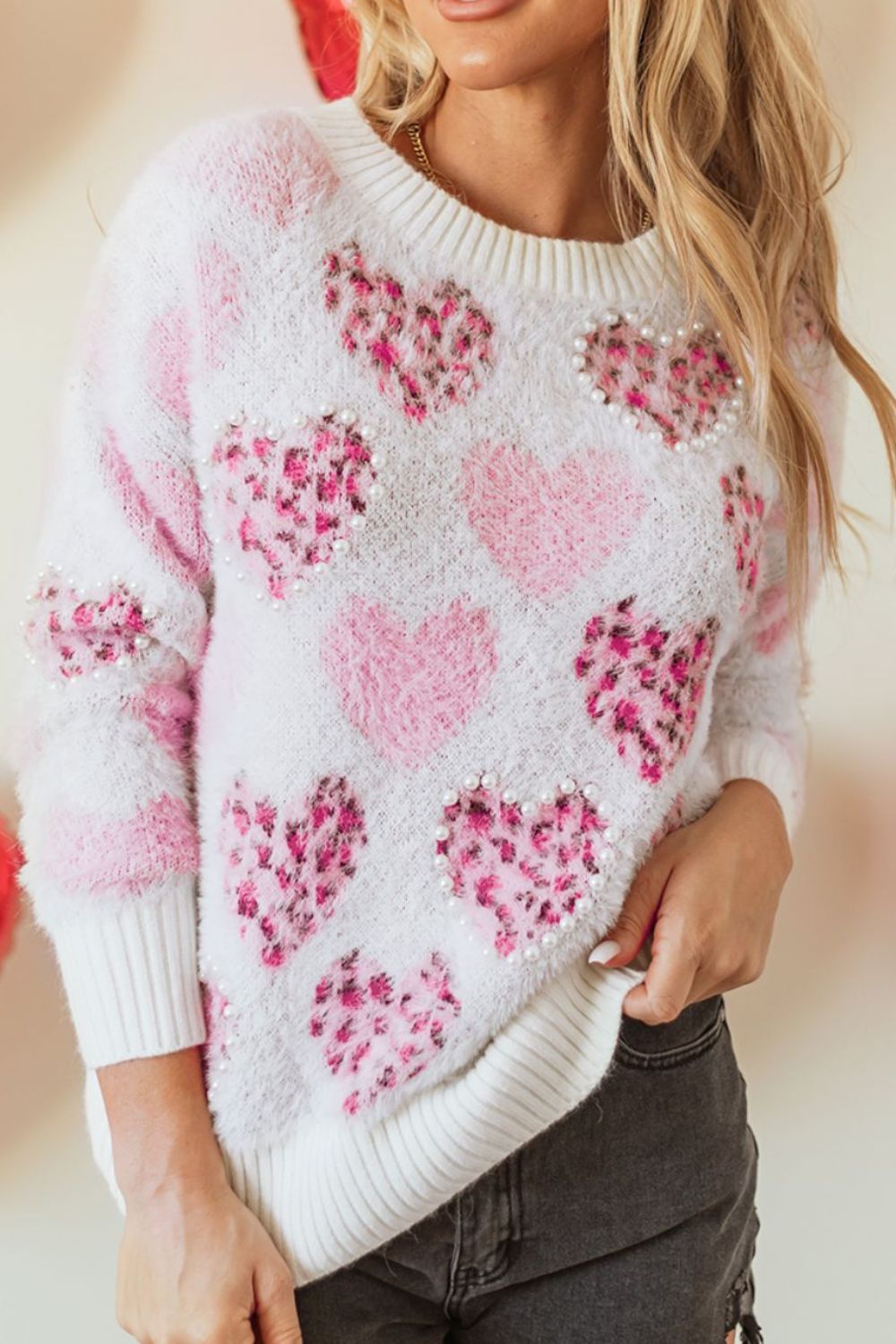 Pearl Detail Heart Round Neck Sweater