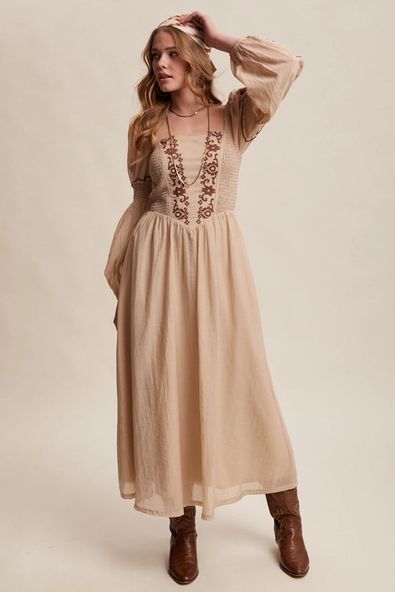 Embroidered Puff Sleeve Maxi Dress - Taupe