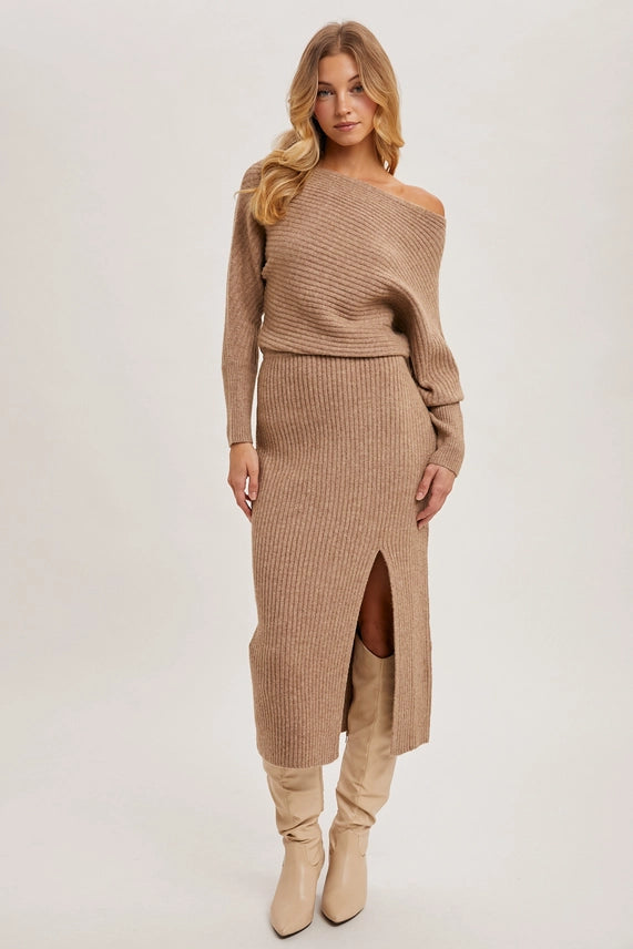 Modern Muse One-Shoulder Slit Knit Midi Dress