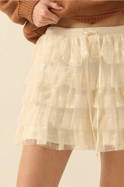 Lace and Tulle Tiered Ruffle Mini Skirt-Cream