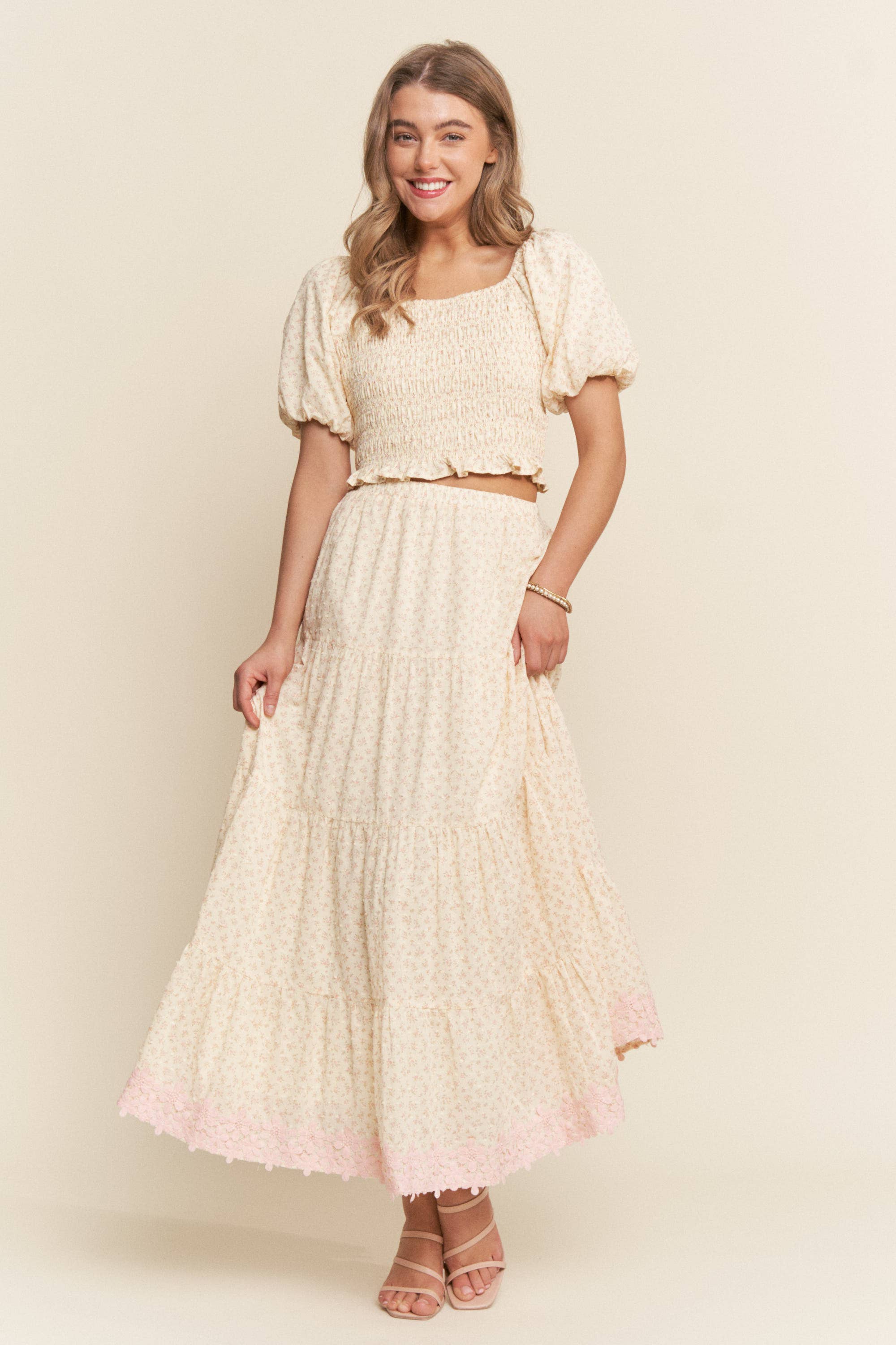 🌸 Cream & Pink Floral Smocked Maxi Skirt Set 🌸