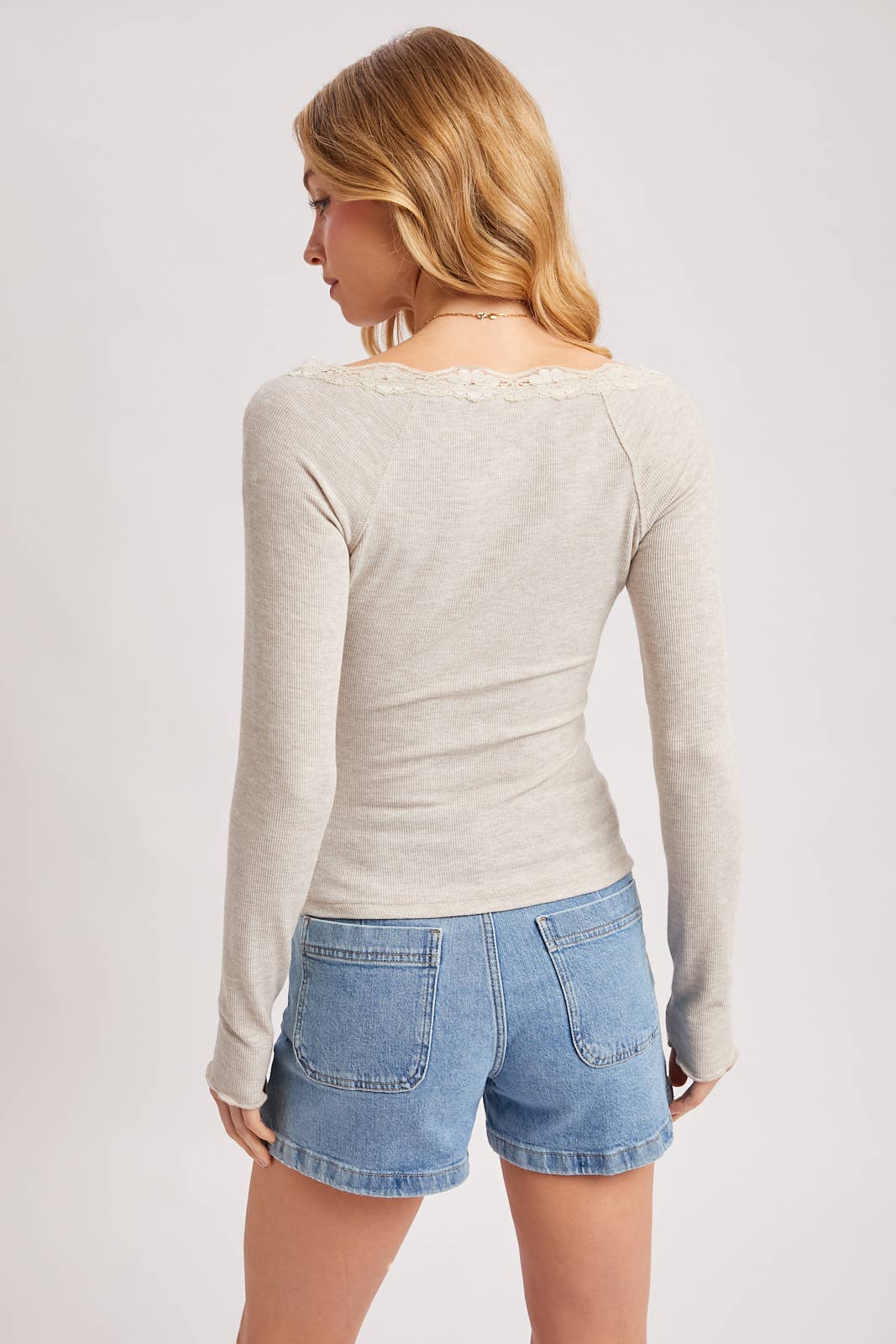 Lace Trim Ruched Henley Top
