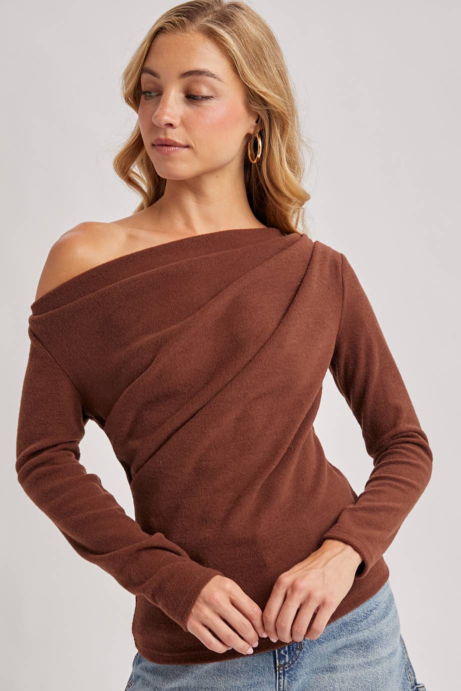 Hazelnut One-Shoulder Pleated Knit Top