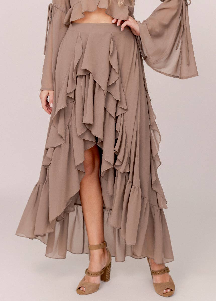 Ruffle Cascade Maxi Skirt-Taupe