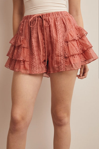 ✨ Eyelet Ruffle Tiered Shorts- Rosewood ✨