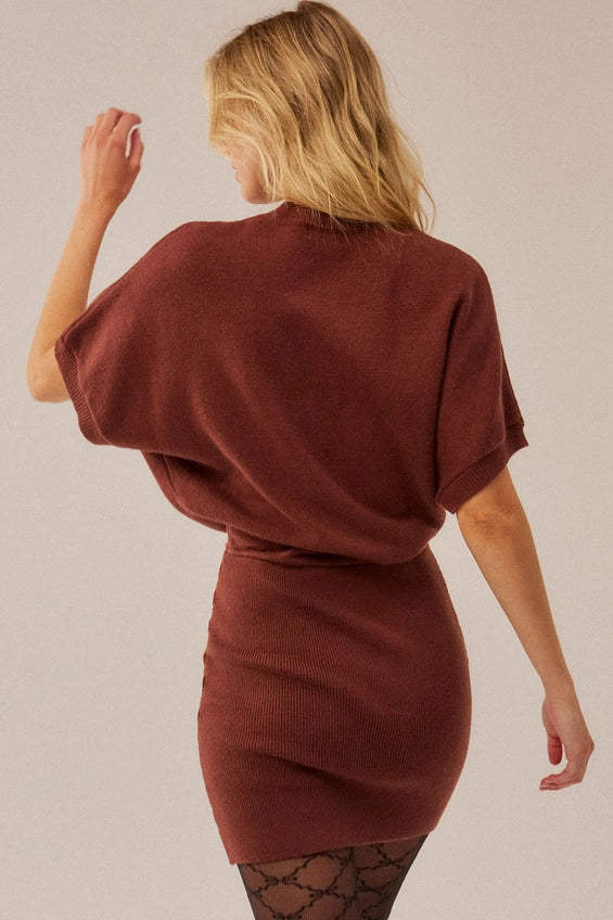 Contrast Ribbed Knit Kimono-Sleeve Mini Dress