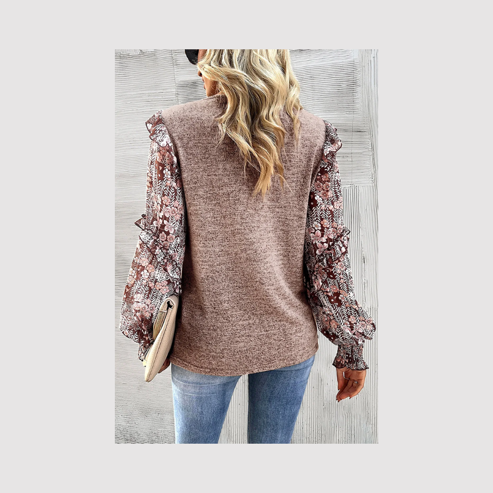 Ruffle Tiered Floral Sleeve Crew Neck Blouse