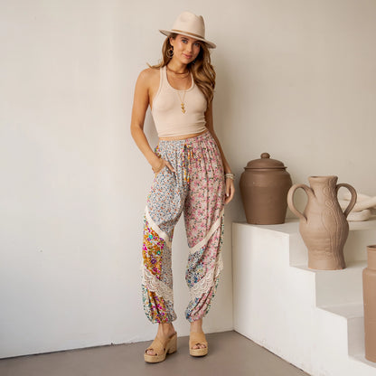 Boho Patchwork Lace-Trim Harem Pants