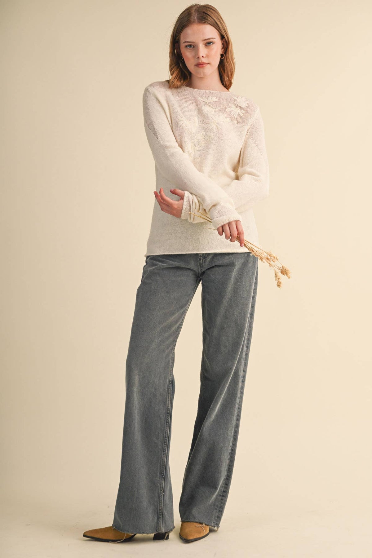 Evelyn Embroidered Boatneck Sweater – Cream