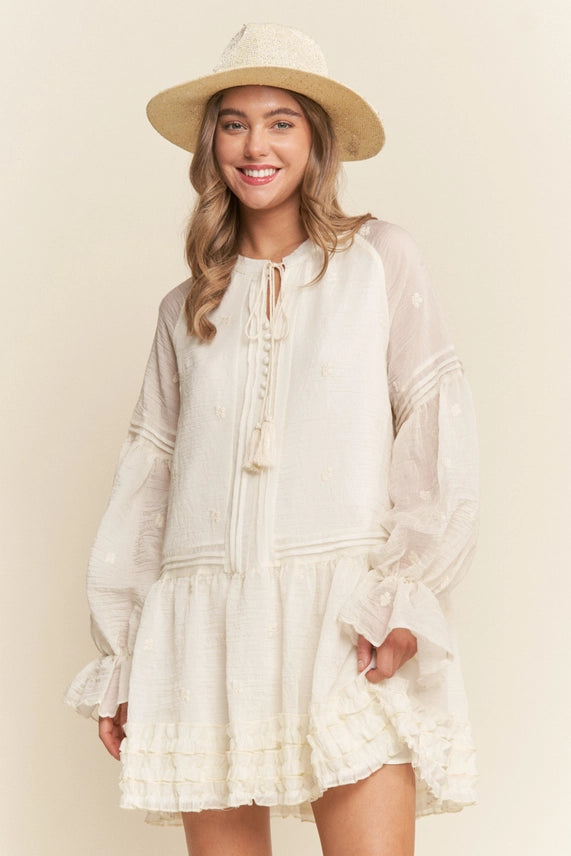 Floral Embroidered Long Sleeve Tassle Dress