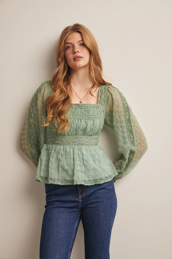 Lace Peplum Long Sleeve Blouse