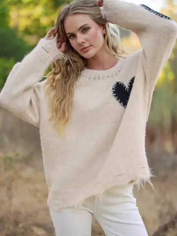 Oatmeal Heart Patch Knit Sweater
