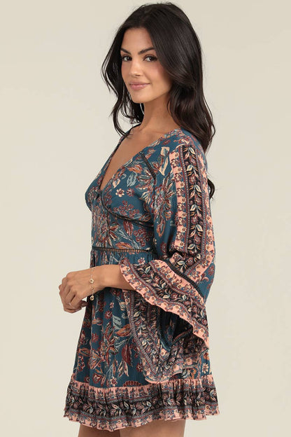 V-Neck Keyhole Long Sleeve Knee Length Dress