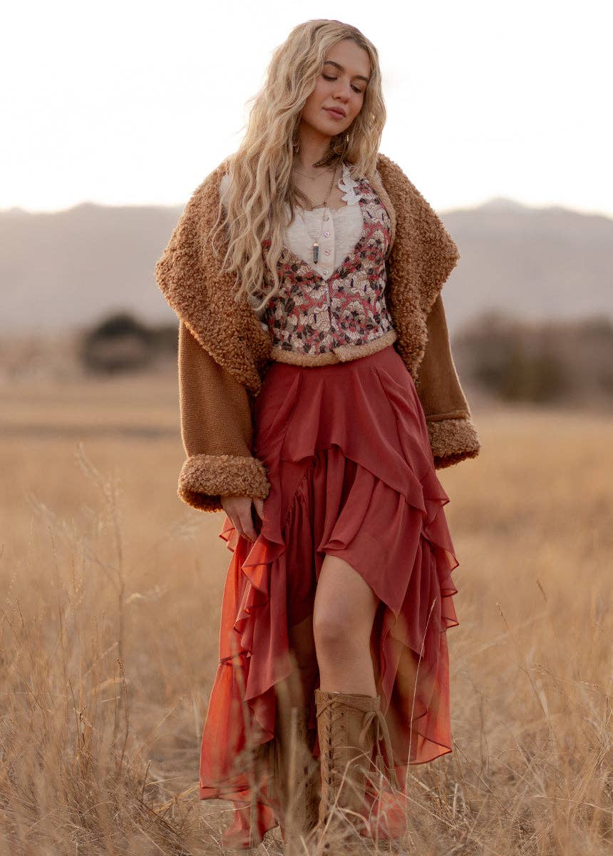 Rust Ruffle Cascade Maxi Skirt