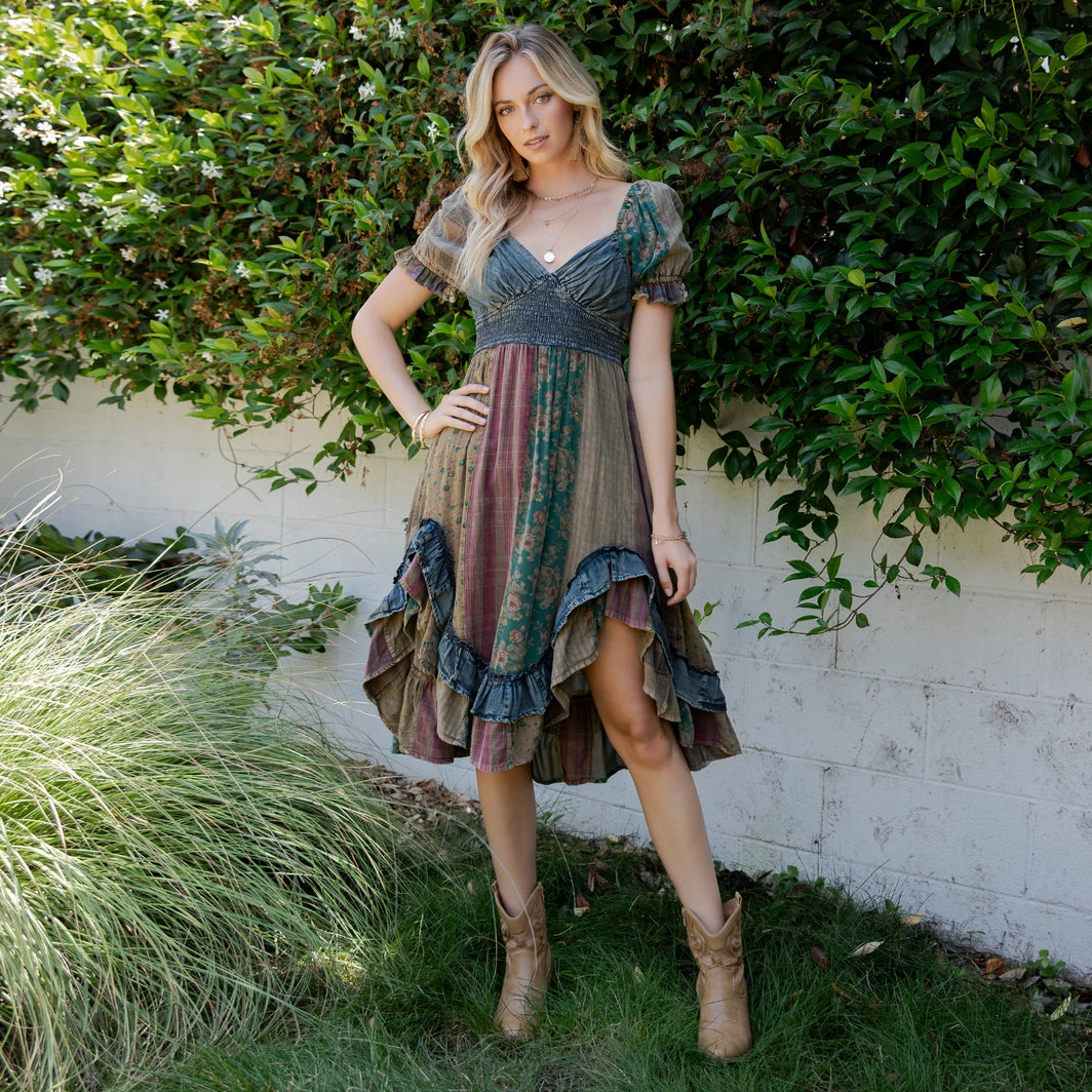 patchwork boho midi dress Spice Boho Patchwork Bust Twist Tiered Midi Dress