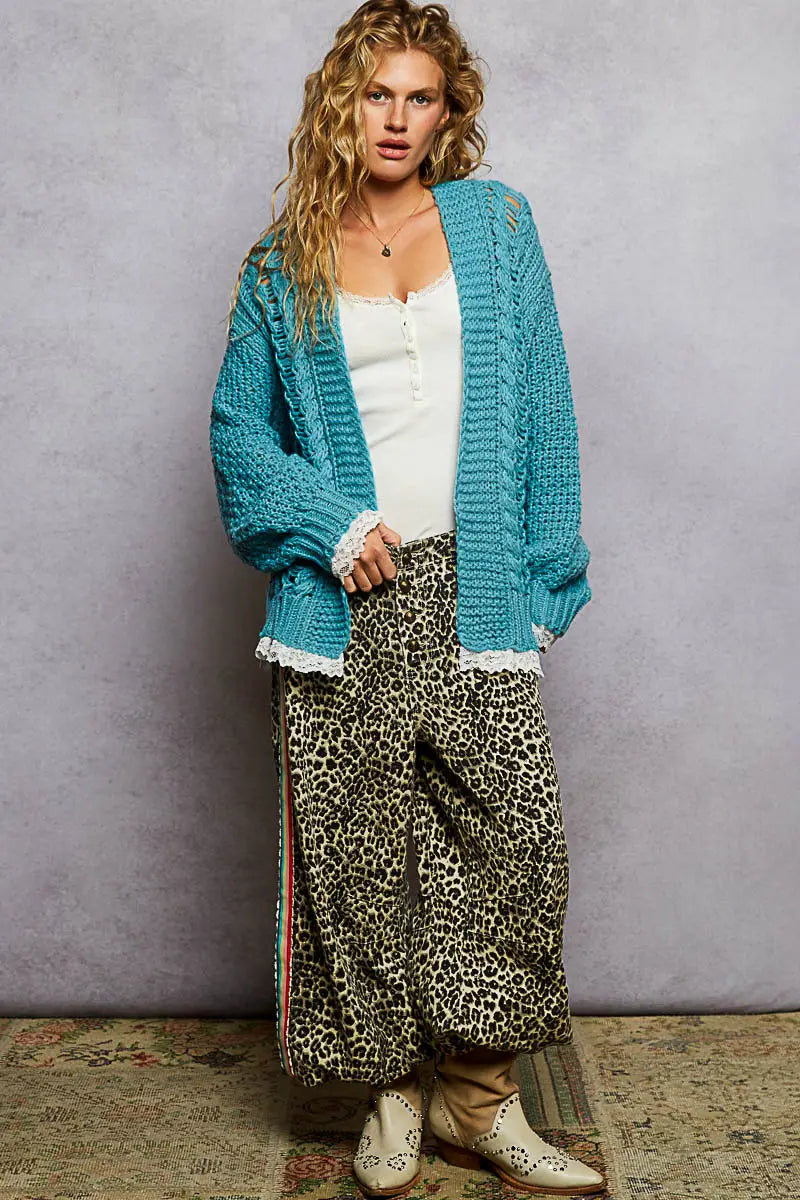 V neck lace trim solid acrylic sweater open cardigan