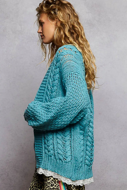 V neck lace trim solid acrylic sweater open cardigan