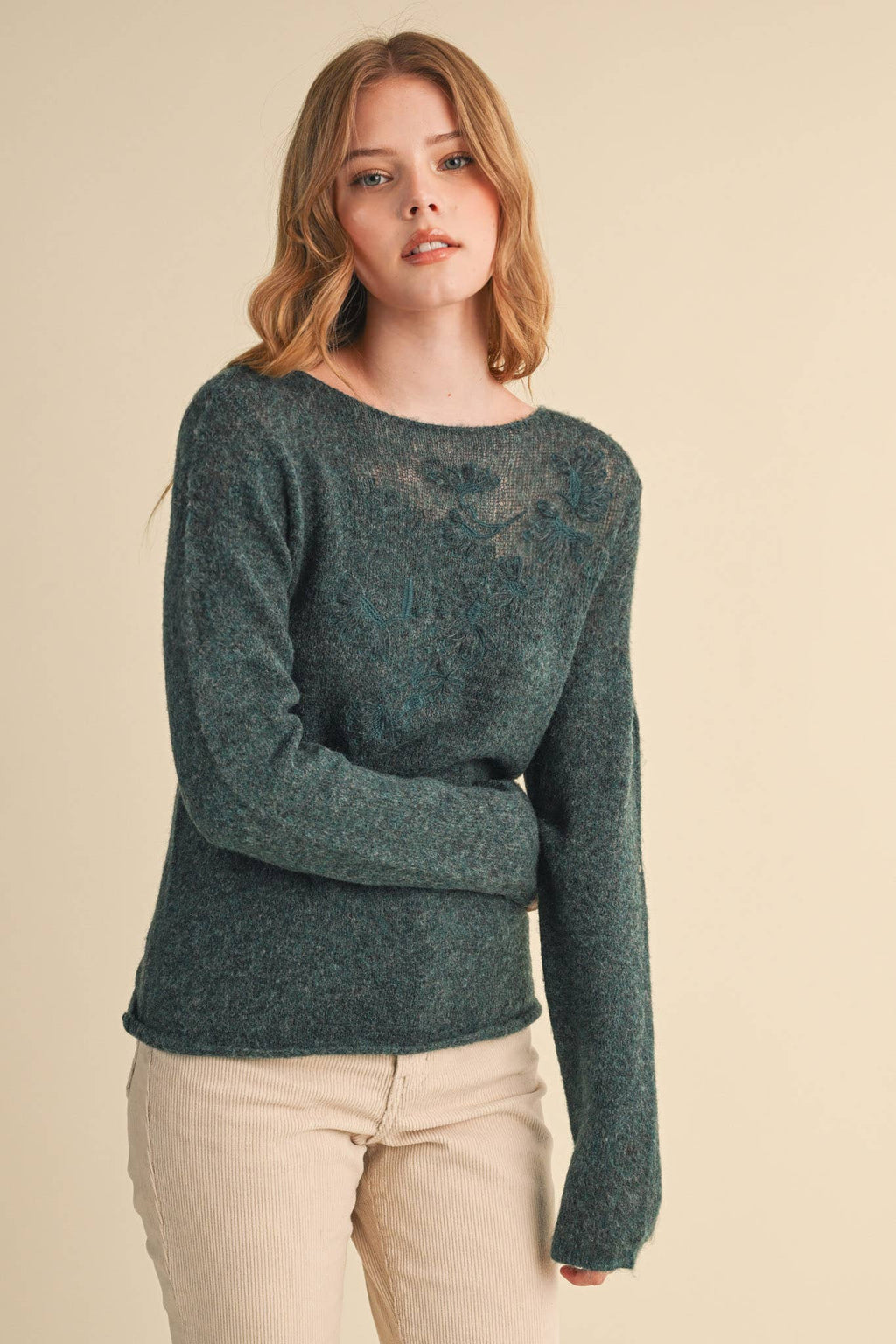 Evelyn Embroidered Boatneck Sweater – Teal Green