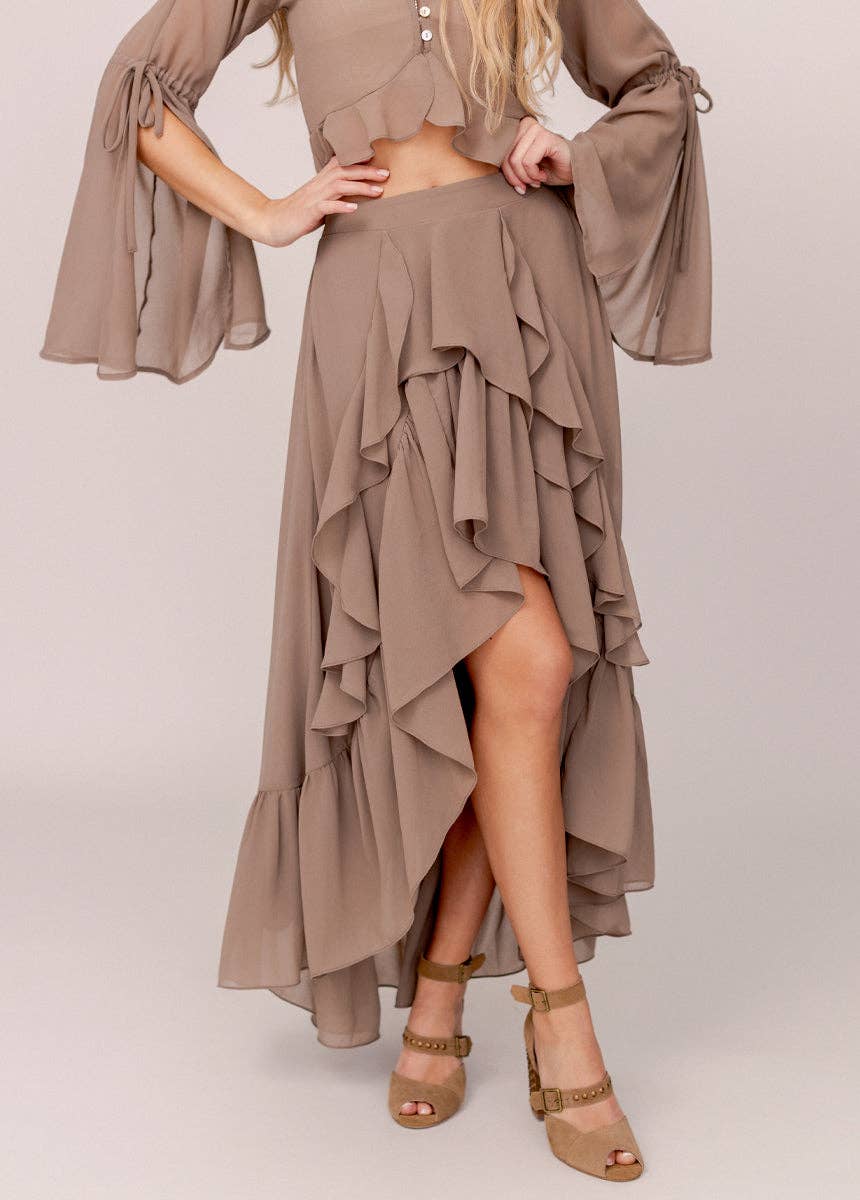 Ruffle Cascade Maxi Skirt-Taupe