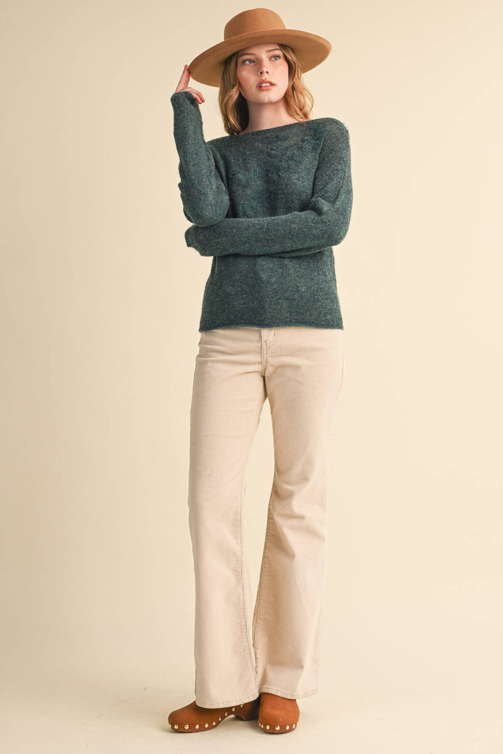 Evelyn Embroidered Boatneck Sweater – Teal Green