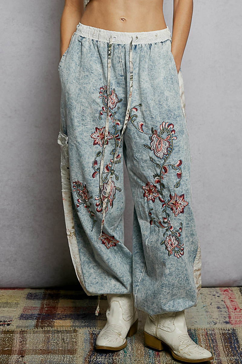 Wildflower Embroidered Denim Joggers **PRE-ORDER**