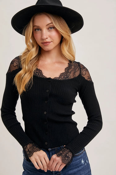 Lace-Trimmed Button Down Knit Top