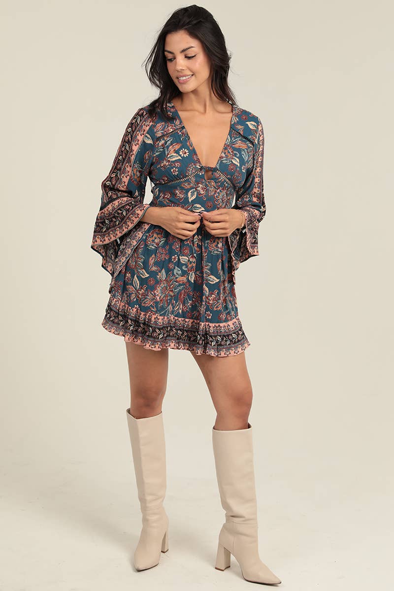 V-Neck Keyhole Long Sleeve Knee Length Dress