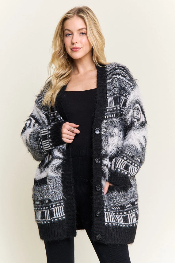 Jacquard Fuzzy Knit Cardigan
