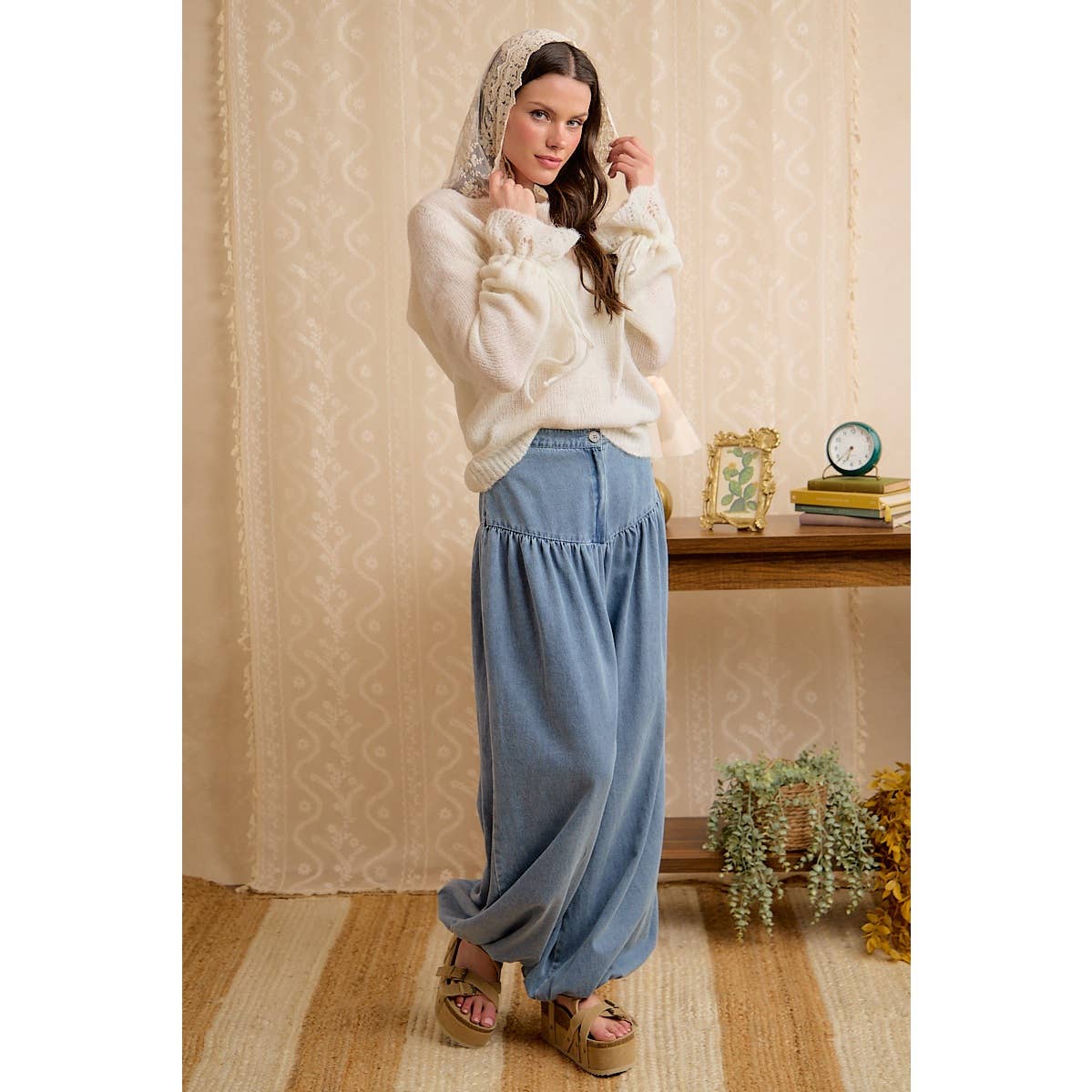 Colette Lace-Trim Hooded Knit Sweater Top