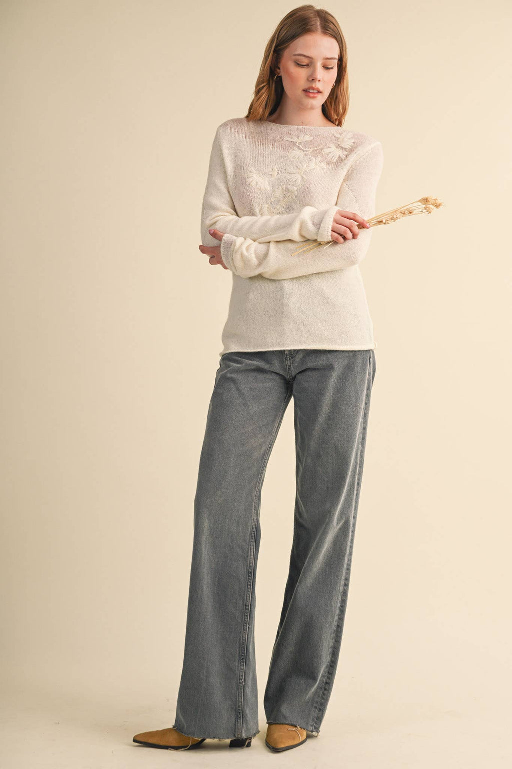 Evelyn Embroidered Boatneck Sweater – Cream