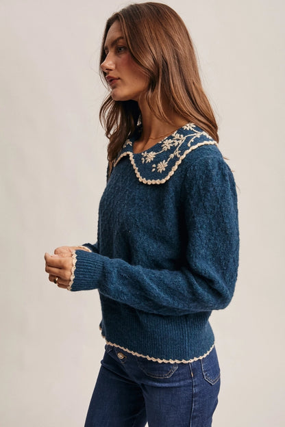 Daisy Embroidered Collar Knit Sweater