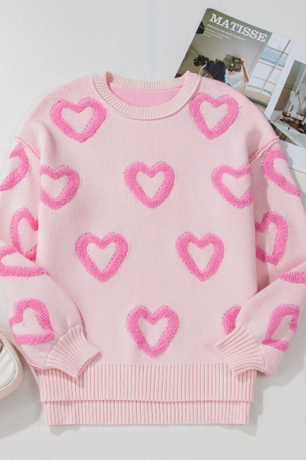 Heart Round Neck Long Sleeve Sweater