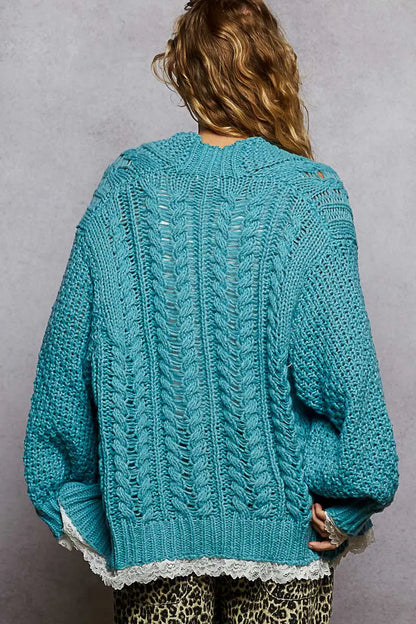 V neck lace trim solid acrylic sweater open cardigan