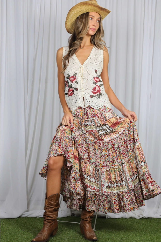 Midnight Bloom Patchwork Maxi Skirt 🍷