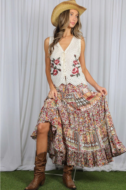 Midnight Bloom Patchwork Maxi Skirt 🍷