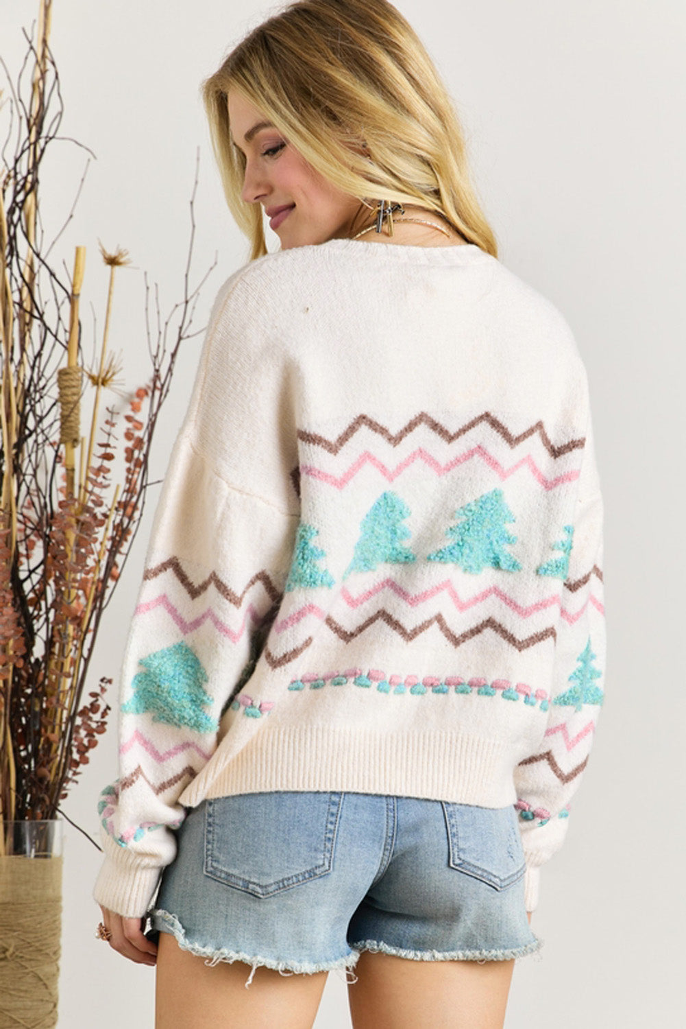 Tree Ribbed Trim Drop Shoulder Sweater