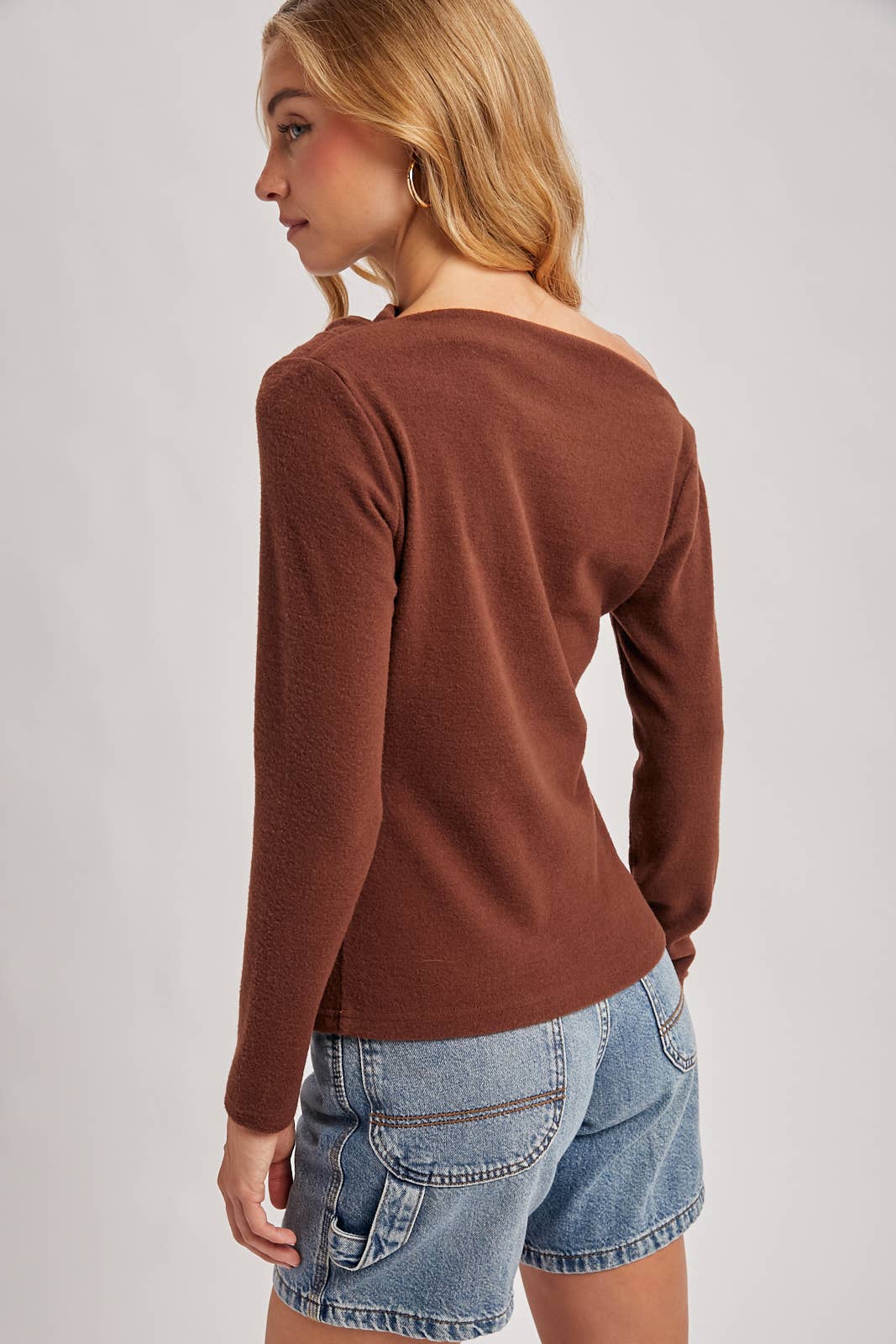 Hazelnut One-Shoulder Pleated Knit Top