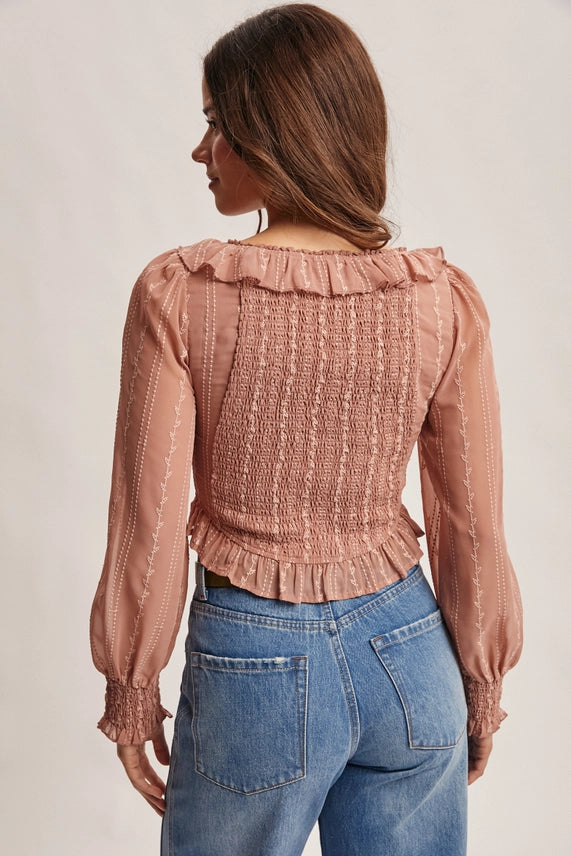 Ruffle Lace-Up Smocked Blouse