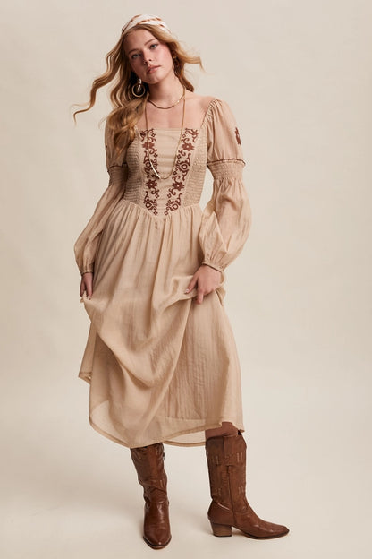 Embroidered Puff Sleeve Maxi Dress - Taupe