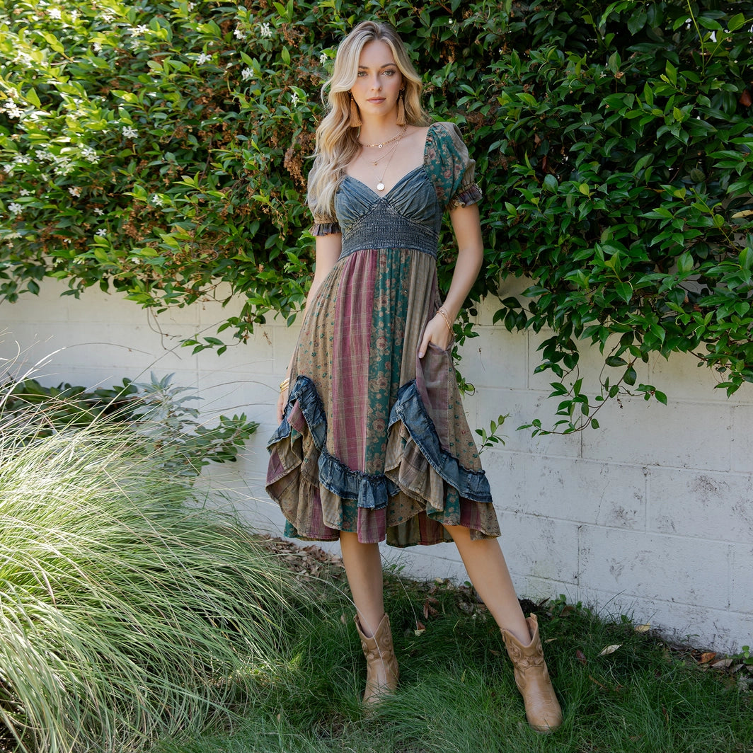 Boho Denim Patchwork Midi Dress