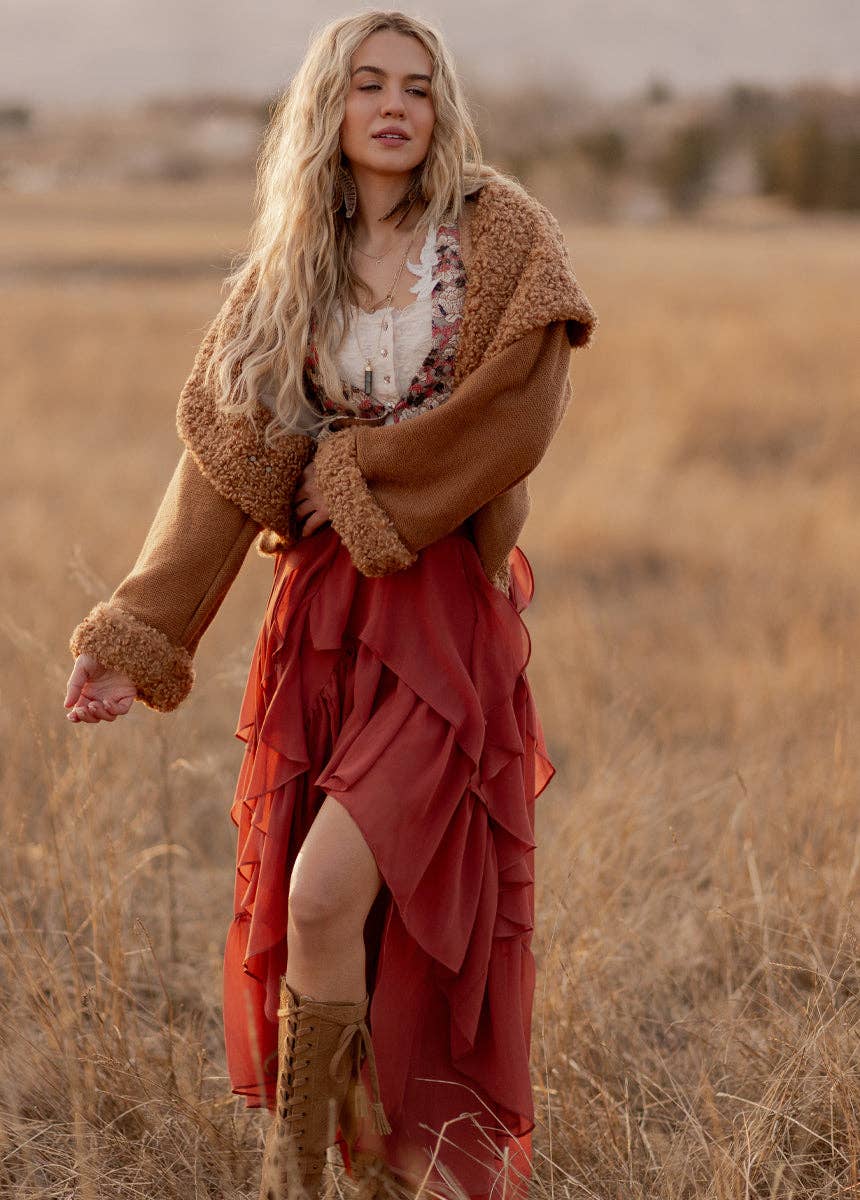 Rust Ruffle Cascade Maxi Skirt