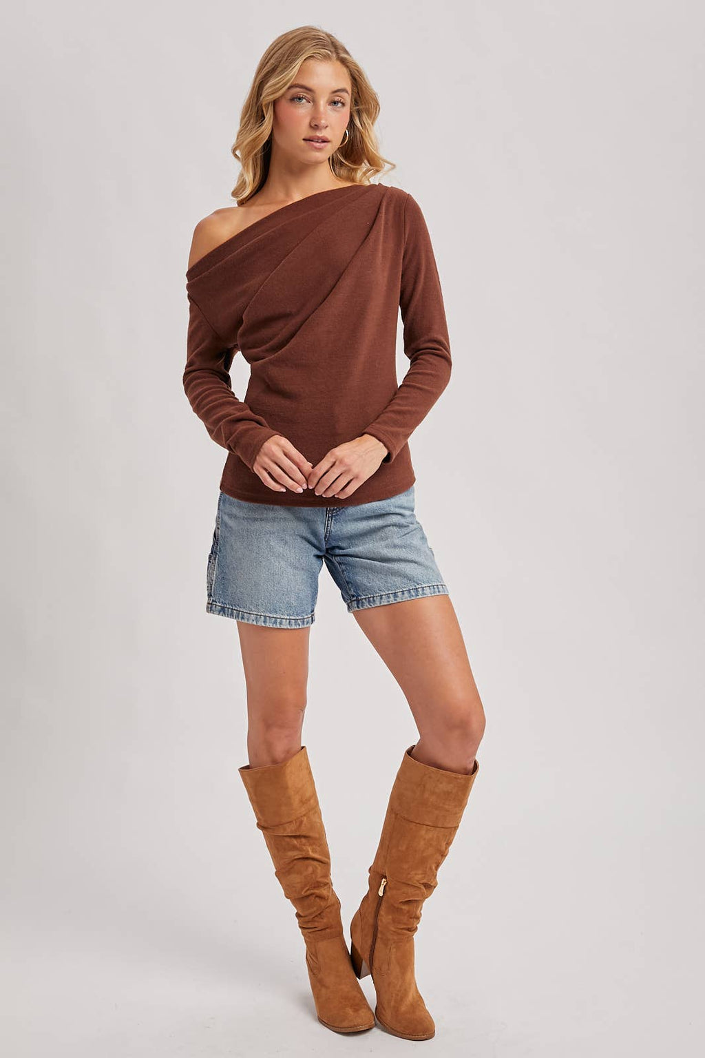 Hazelnut One-Shoulder Pleated Knit Top