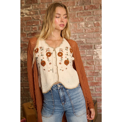 Floral Embroidery Sleeveless Vest Crochet Top