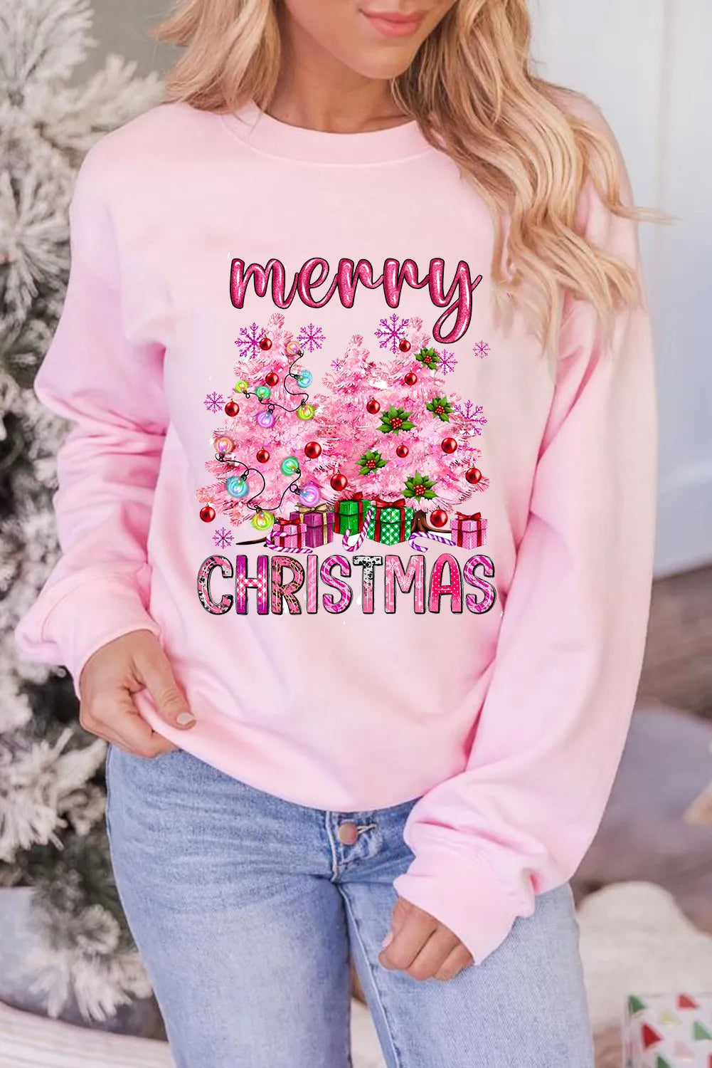 Pink Merry Christmas Pullover Sweatshirt