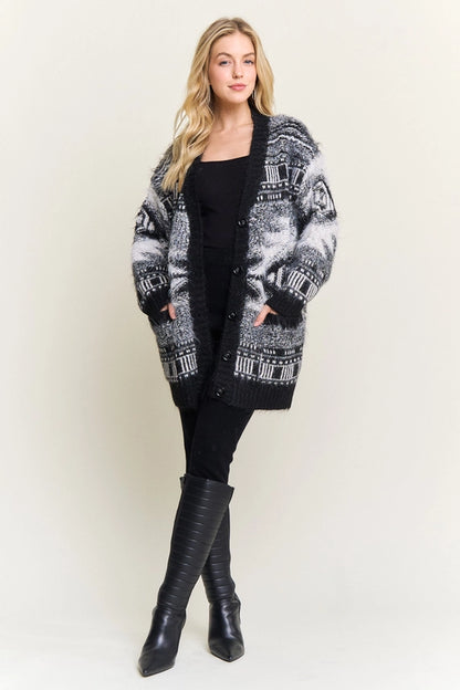 Jacquard Fuzzy Knit Cardigan