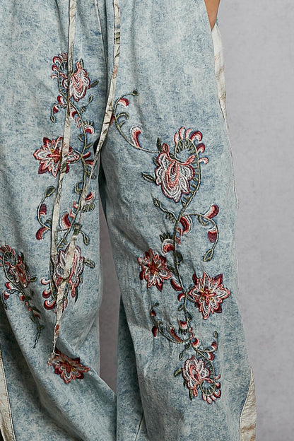 Wildflower Embroidered Denim Joggers **PRE-ORDER**